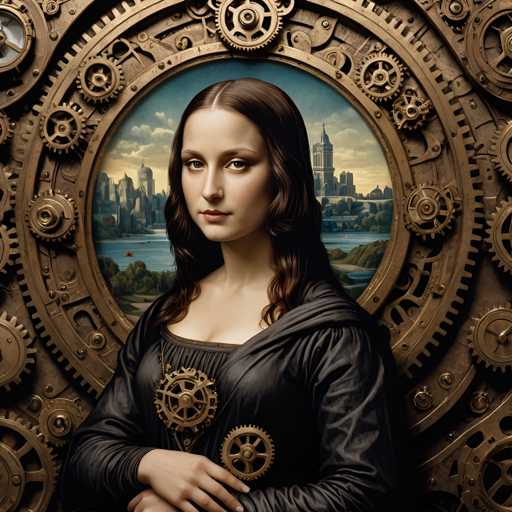 The image depicts a woman with long brown hair wearing a black dress and gold jewelry standing in front of a large circular frame that is adorned with intricate gears and cogs. The background features a cityscape with buildings and trees, suggesting an urban setting.