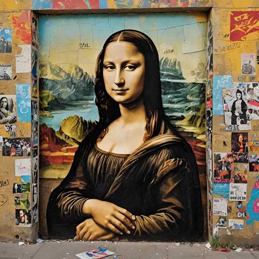 The image shows a large mural painted on a wall that depicts the famous painting of Mona Lisa by Leonardo da Vinci. The mural is predominantly brown and green colors, with the woman's face being the most prominent feature. The background features mountains and trees, adding depth to the scene. The mural is surrounded by various stickers and posters, creating an urban art piece.