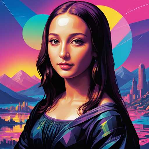 The image is an illustration of a woman with long brown hair and dark eyes, wearing a blue dress against a colorful background that includes pink, yellow, green, and blue hues. The woman appears to be looking directly at the viewer, creating a sense of connection between the artist and the audience.