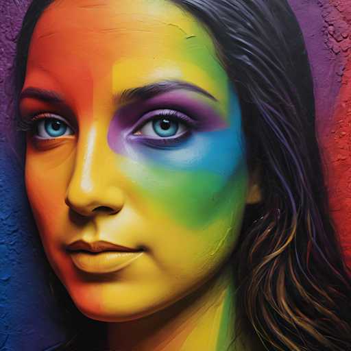 The image shows a close-up portrait of a woman's face with vibrant and colorful makeup that includes blue eyeshadow, purple lipstick, and green and orange hues on her cheeks. The background is a solid color, providing a stark contrast to the woman's colorful appearance.