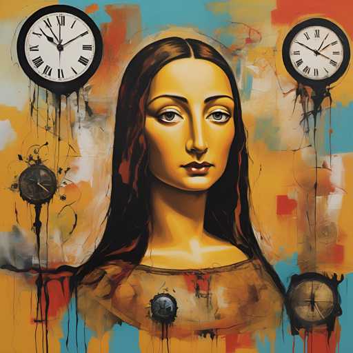 The image depicts an abstract painting featuring a woman with long brown hair and a yellow dress against a blue background. The painting is characterized by splatters of paint that add texture and depth to the piece. Two clocks are present in the scene - one on each side of the woman, suggesting a sense of time or movement within the artwork.
