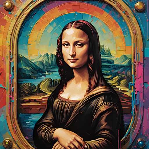 The image shows an illustration of a woman with long brown hair and a black dress. The background features a colorful mosaic design that includes a rainbow arching over the scene. The artist's signature is visible in the bottom right corner.