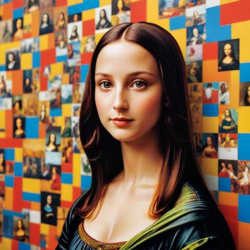 The image shows a close-up portrait of a woman with long brown hair and a green dress against a colorful background featuring various portraits of famous people. The woman is looking directly at the camera, creating an engaging visual narrative that draws the viewer's attention to her unique features and expressions.