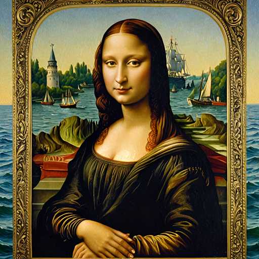 The image depicts a woman with long brown hair and red lips wearing a black dress, standing against the backdrop of a serene ocean scene featuring sailboats and a lighthouse. The painting is executed in an impressionist style, characterized by loose brushstrokes that capture the essence of light and color over time.