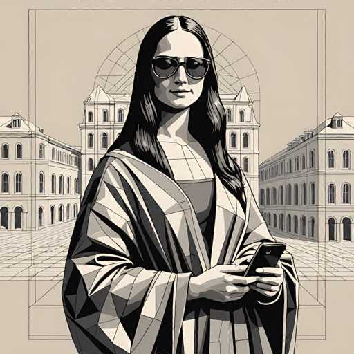 A woman in a stylish, patterned robe-like garment is standing in front of a detailed, geometric illustration of a grand building. She's wearing sunglasses and holding a smartphone in her hands, looking directly at the viewer with a confident expression. The background features a stylized cityscape with geometric lines and a circular design above the building, suggesting a modern or futuristic aesthetic. The overall style is a blend of illustration and digital art, with a focus on clean lines and geometric patterns.