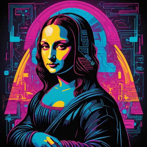 The image depicts a woman with long hair wearing headphones and standing against a vibrant background of neon colors. The woman is positioned centrally within the frame, drawing attention to her as the main subject. The background features a complex network of wires and tubes in various shades of pink, blue, yellow, and green, creating an abstract and futuristic atmosphere that complements the digital art style.

The image does not contain any discernible text or countable objects, making it difficult to determine specific details about the woman's appearance or surroundings. The focus is on the woman and her headphones, with a sense of motion captured in the image due to the neon colors surrounding her.