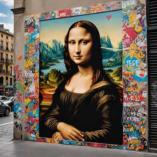 The image shows a large mural on the side of a building that depicts the famous painting "Mona Lisa" by Leonardo da Vinci. The mural is framed by colorful graffiti and features a woman's face with long brown hair wearing a black dress.