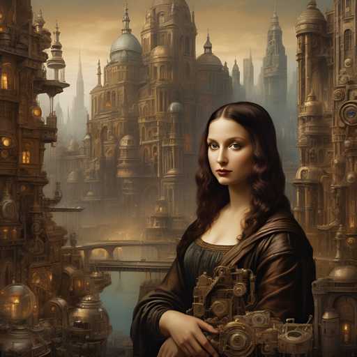 The image depicts a woman with long brown hair wearing a black dress and holding a golden clock. The background features a cityscape filled with tall buildings and bridges, creating an urban setting for the scene.