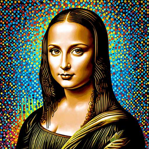 The image is an illustration of a woman's face rendered in a digital art style. The background features a vibrant display of polka dots and other colors, creating a lively atmosphere around the portrait. The woman appears to be wearing a black dress with gold accents, adding a touch of elegance to her appearance. Her gaze is directed straight at the viewer, giving an engaging and direct look.