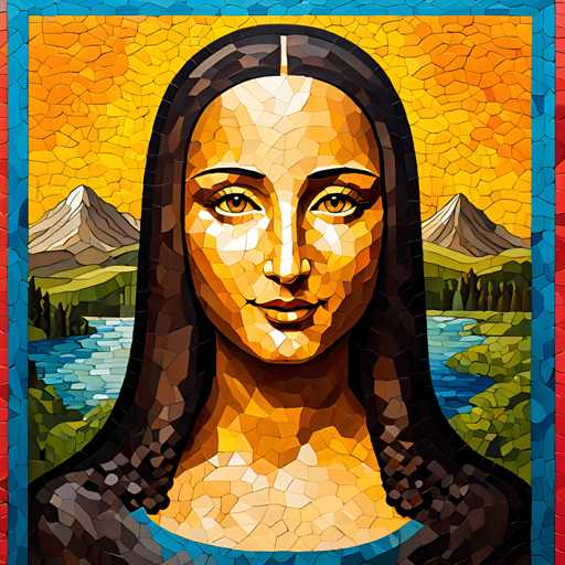The image depicts a mosaic portrait of a woman with long brown hair and dark eyes. The background features mountains and trees, creating a natural setting for the portrait. The colors used in the artwork are predominantly earth tones, including shades of green, brown, and orange.
