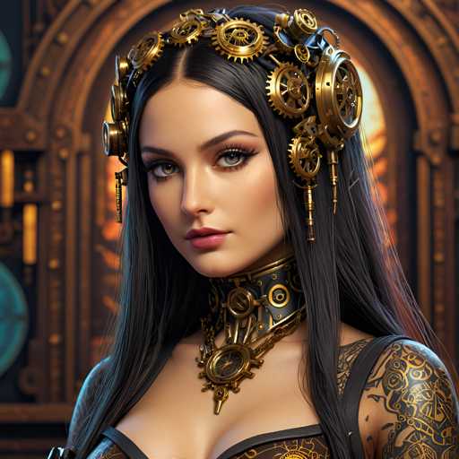 The image shows a close-up portrait of a woman with long dark hair and a black headdress adorned with gold gears and cogs. The woman's face is partially obscured by the headdress, adding an air of mystery to her appearance. She has a serious expression on her face, suggesting that she may be in a contemplative or thoughtful mood.