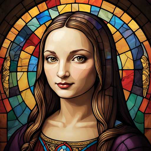 The image depicts a woman with long brown hair wearing a purple dress and a gold necklace. The background is a stained glass window featuring a circular pattern of blue, green, yellow, and red colors arranged in a spiral design.