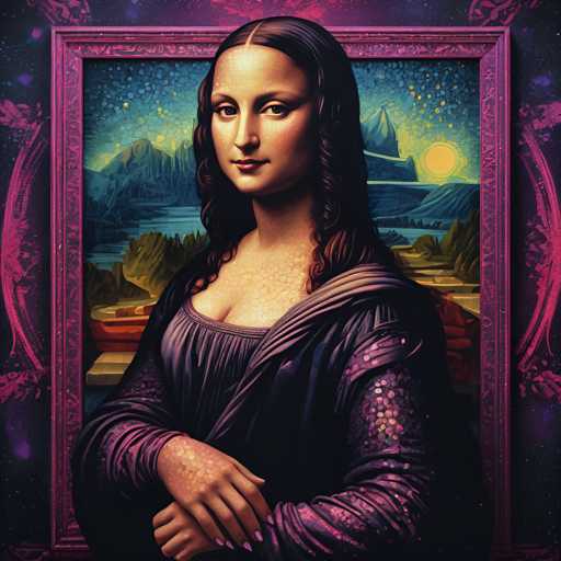 The image features an illustration of a woman with long brown hair and dark skin tones wearing a purple dress. The background is a vibrant mix of pink and blue colors, creating a surreal atmosphere. The woman appears to be standing in front of a frame that has a painting of the Mona Lisa on it.