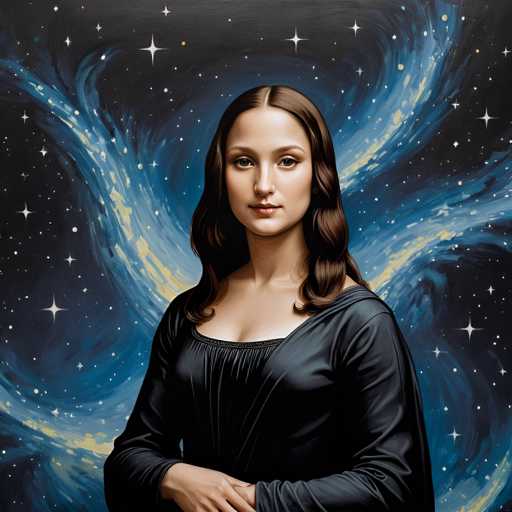 The image depicts a woman with long brown hair wearing a black dress against a backdrop of stars and swirls. The painting is executed in an impressionist style, characterized by loose brushstrokes that capture the essence of light and color rather than minute details.