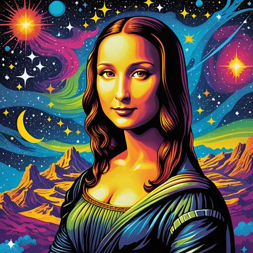 The image depicts a woman with long brown hair wearing a blue dress and standing against a backdrop of stars and planets. The colors used in the illustration are predominantly purple, green, orange, and yellow, creating a vibrant and surreal atmosphere.