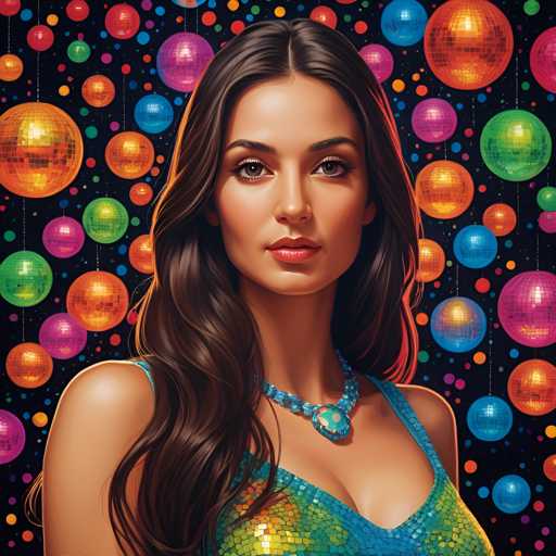 The image depicts a woman with long brown hair wearing a blue dress and necklace. She is looking directly at the camera against a backdrop of colorful disco balls. The background features a variety of colors including red, green, yellow, orange, pink, purple, and blue.