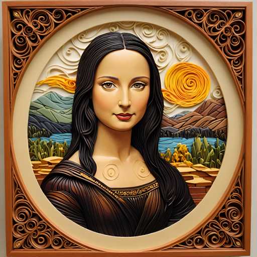 The image shows a ceramic sculpture of a woman's face and upper body rendered in black and white. The sculpture is framed by an ornate border with intricate designs that add depth to the piece. The background features a landscape with mountains and trees, creating a serene atmosphere around the figure.