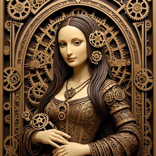 The image depicts a woman with long brown hair wearing a corset and earrings, standing against a backdrop of intricate metal gears and cogs. The woman is positioned centrally within the frame, drawing attention to her as the main subject.