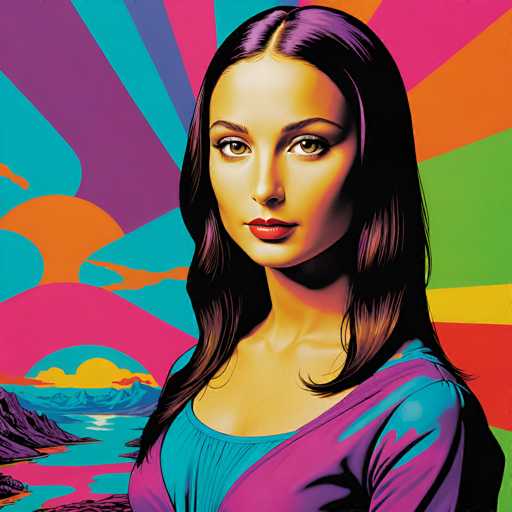 A vibrant, retro-inspired portrait of a woman with long, dark hair and striking eyes. The artwork features bold, geometric shapes in shades of pink, purple, orange, and teal, creating a psychedelic, 1970s aesthetic. The woman's expression is direct and captivating, drawing the viewer's attention to her intense gaze. The overall style is reminiscent of pop art and psychedelic posters, with a focus on bold color contrasts and dynamic composition.