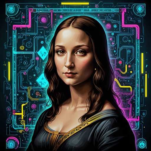 The image depicts a digital illustration of a woman with long brown hair wearing a black dress and gold accents. The background features a vibrant display of neon lights and circuit boards, creating an abstract and futuristic atmosphere.