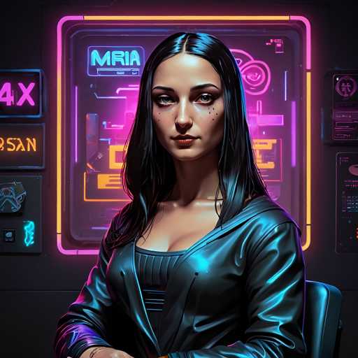 The image depicts a woman with long dark hair wearing a black leather jacket and standing against a neon background that includes the words "MIRIA" and "4x4". The woman is positioned in front of a chair.