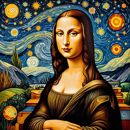 The image depicts a woman with long brown hair and a dark dress standing against the backdrop of a starry night sky filled with yellow stars. The painting style is realistic, capturing the intricate details of the woman's features and the surrounding environment.