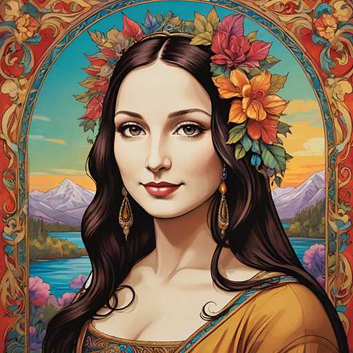 The image depicts a woman with long dark hair wearing a crown made up of flowers and leaves on her head. She is wearing an orange dress that contrasts with the blue sky behind her. The background features mountains in the distance under a clear blue sky.