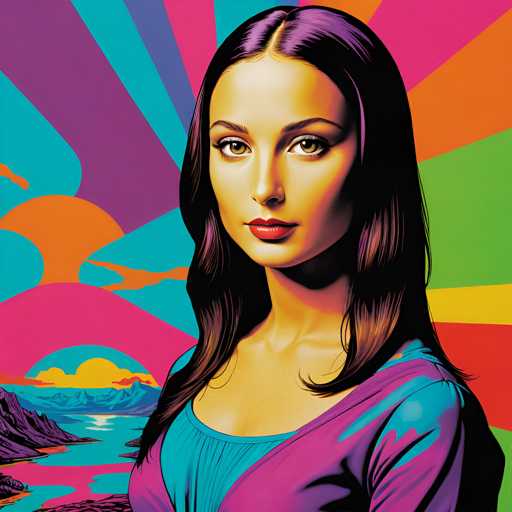 The image depicts a woman with long brown hair wearing a blue dress and standing against a colorful abstract background that includes shades of pink, purple, green, orange, yellow, and blue. The woman is looking directly at the camera with an expression of curiosity or interest.