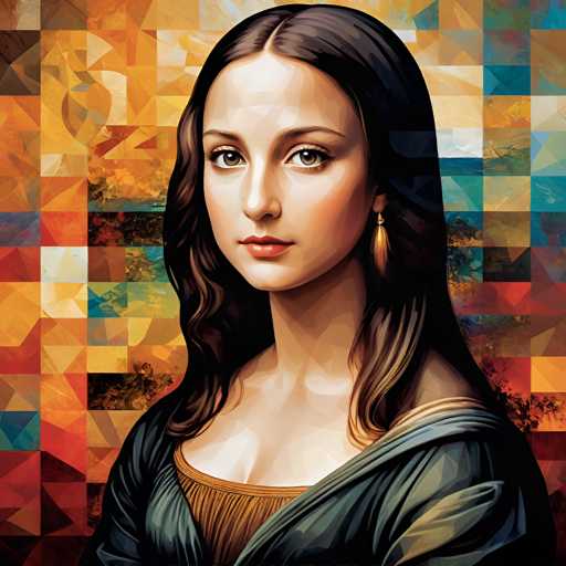 The image features an illustration of a woman with long brown hair and dark eyes. She is wearing a blue dress that contrasts with the colorful background behind her. The background consists of a mosaic pattern in shades of yellow, orange, green, and red.