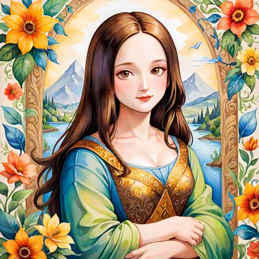 The image depicts a woman with long brown hair wearing a blue and gold dress. She is standing against a backdrop of mountains and trees, suggesting an outdoor setting. The painting style is realistic, focusing on the intricate details of the woman's features and clothing.