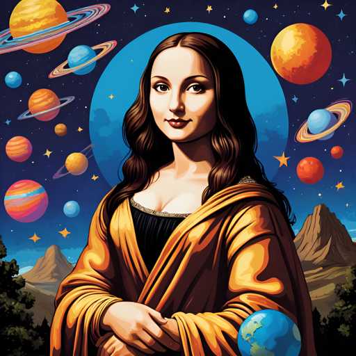 The image depicts a woman with long brown hair wearing an orange dress and holding a globe in her left hand while standing against the backdrop of a night sky filled with planets and stars. The colors used in the illustration are predominantly blue, yellow, and orange, creating a warm and vibrant atmosphere.