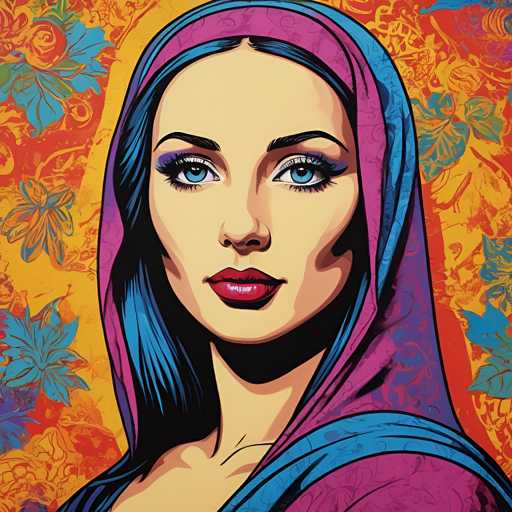 The image depicts a woman with striking blue eyes and long dark hair wearing a purple headscarf. The background features an abstract pattern of orange and pink hues, creating a vibrant and colorful atmosphere.