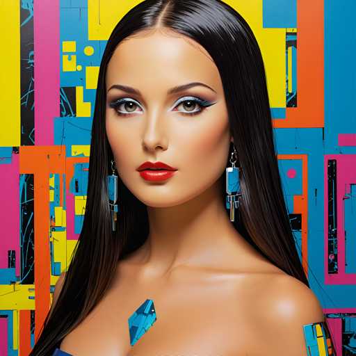 The image shows a close-up portrait of a woman with long dark hair and striking blue earrings. She is wearing a sleeveless top that contrasts with her dark hair. The background features a vibrant mix of colors including pink, yellow, green, and orange squares arranged in a grid pattern.