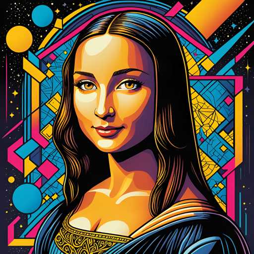 The image depicts a woman with long dark hair wearing a blue dress and gold jewelry. The background is a vibrant mix of blue, pink, yellow, and orange colors, creating an abstract pattern that surrounds the woman's face.