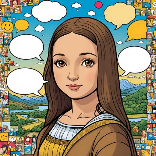 The image depicts a cartoon girl with long brown hair wearing a yellow dress and holding a red balloon. The background features a blue sky filled with clouds and mountains in the distance. There are speech bubbles surrounding the girl, suggesting that she is speaking or has just spoken to someone.