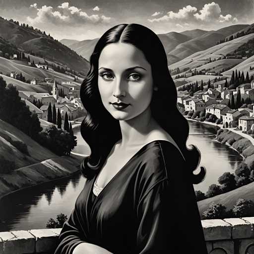 The image is an oil painting that depicts a woman with long dark hair wearing a black dress and standing on a stone wall overlooking a river valley. The artist's style is realistic, capturing the details of the landscape and the subject's features.