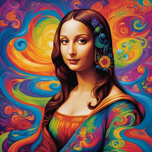 The image depicts a woman with long brown hair wearing a colorful dress and earrings. The background is a vibrant display of swirls and colors, creating an abstract and surreal atmosphere.