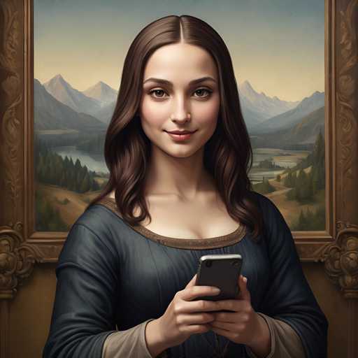 The image depicts a woman dressed in a blue dress with gold accents and holding a smartphone. The background features a painting of the Mona Lisa, suggesting an artistic or historical context to the scene.