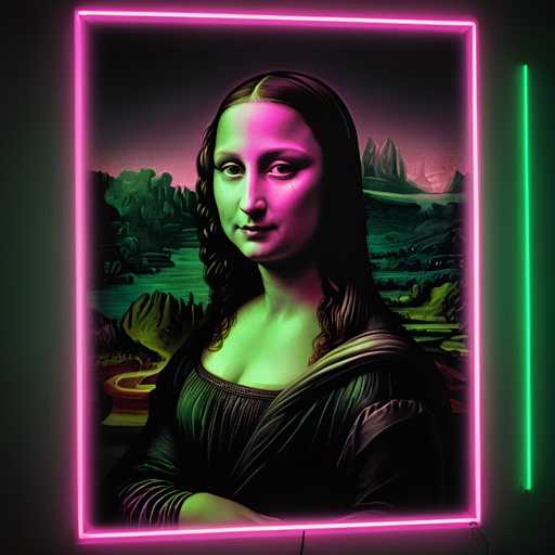 The image shows a digital art piece featuring a woman with long hair and a black dress against a dark background. The woman's face is lit up by neon pink light, giving her an ethereal glow. The painting style is reminiscent of the famous Mona Lisa portrait, adding to its artistic value.