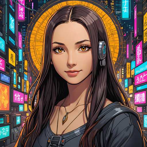 The image depicts a young woman with long brown hair wearing a black top and necklace. She is looking directly at the camera with a serious expression on her face. The background features neon signs in various colors, including pink, blue, yellow, green, and orange, creating an urban night scene atmosphere.