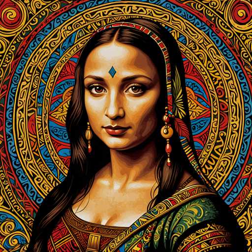 The image depicts a woman with long brown hair wearing a colorful headscarf and earrings. She is positioned against a vibrant background featuring a circular pattern of red, blue, yellow, green, and orange colors arranged in a spiral shape. The woman's face is the central focus of the image, which is rendered in an illustration style.