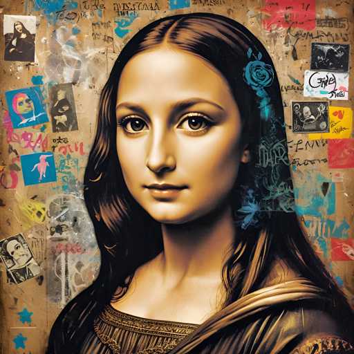 The image depicts a portrait of a woman with long brown hair and dark skin tones. The painting is done in an impressionist style, characterized by loose brushstrokes that create a sense of movement and light. The background features various graffiti art pieces, including stickers and posters, adding to the urban and artistic atmosphere of the scene.
