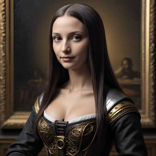 A woman with long dark hair is captured in a portrait setting against the backdrop of an ornate gold and black frame. The woman's gaze is directed straight at the camera, creating a sense of connection between her and the viewer.
