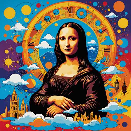 The image depicts a woman with long dark hair wearing a black dress and standing against a vibrant background of colorful circles and lines. The woman is positioned centrally within the frame, surrounded by an array of shapes and colors that create a sense of depth and complexity.