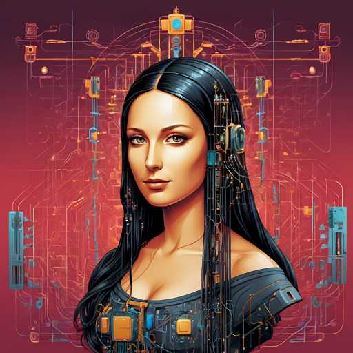 The image depicts a woman with long dark hair wearing a black dress and earrings. She is positioned against a backdrop of a complex network of wires and circuits, suggesting a futuristic or technological theme. The colors used in the image are predominantly red, blue, and yellow, creating a striking contrast that draws attention to the woman's face.