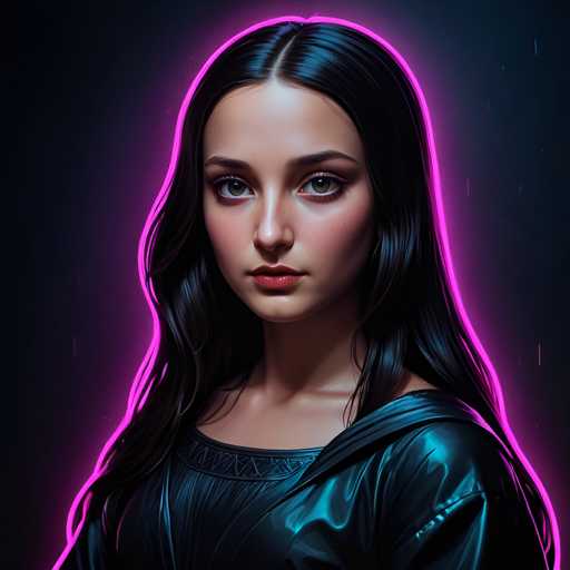 The image depicts a woman with long dark hair wearing a black dress and standing against a dark purple background. The woman's gaze is directed straight at the camera, creating an engaging portrait-like quality to her appearance.