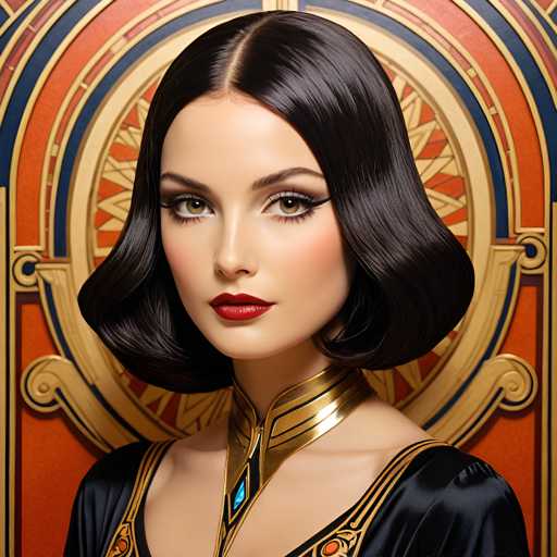 The image shows a close-up portrait of a woman with black hair styled in an updo and wearing a gold necklace. The background features a red and blue patterned wall adorned with a circular design.