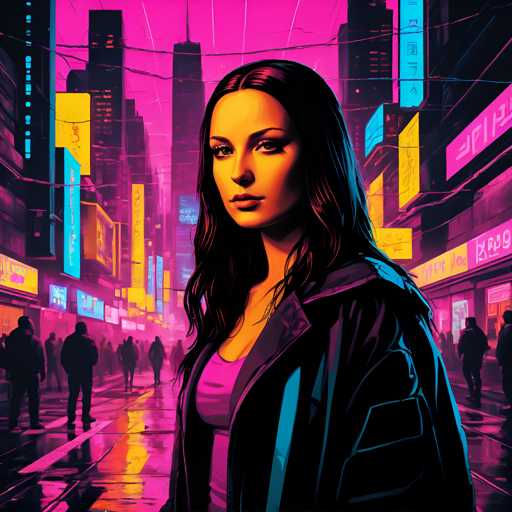 The image depicts a woman with long dark hair wearing a black jacket and standing on a city street at night. The background is filled with neon signs and buildings, creating an urban atmosphere.