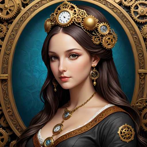 The image depicts a woman with long brown hair wearing a gold crown and necklace. She is looking directly at the camera with an expression of concentration or contemplation. The background features a blue and gold patterned frame that complements her attire.