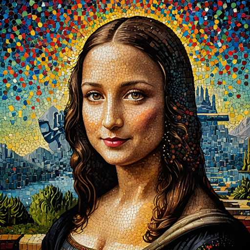 The image depicts a woman's face rendered in an impressionist style using small dots of color for the background and a mosaic-like texture for the hair and skin tones. The woman is positioned centrally against this colorful backdrop, with her gaze directed towards the viewer.